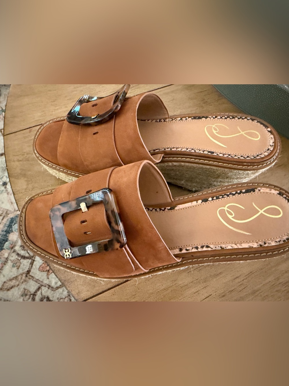 Sam Edelman Women's Tan Suede Slide Mules with Statement Buckle